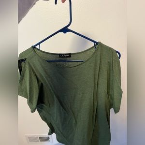Green Shirt Sleeve Shirt with Shoulder Cut Outs